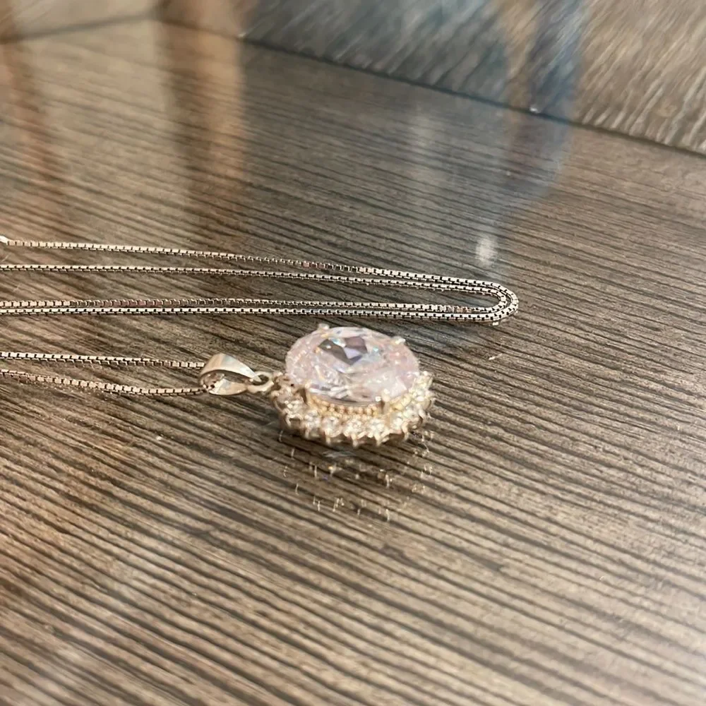 Vintage Oval Halo CZ Pendant with Sterling Silver Box Chain
